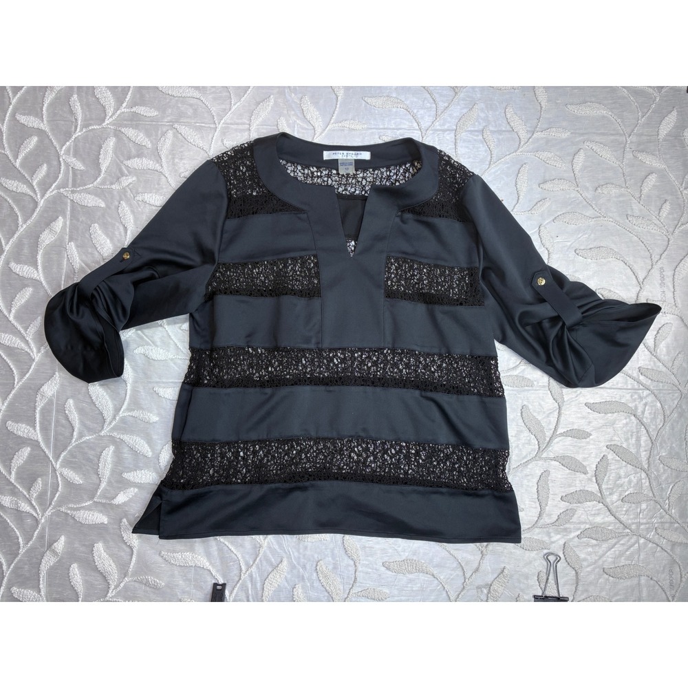 Peter‎ Nygard Petite Black Lace Striped Trim V-Neck 3/4 Sleeve Tunic Top Size 12